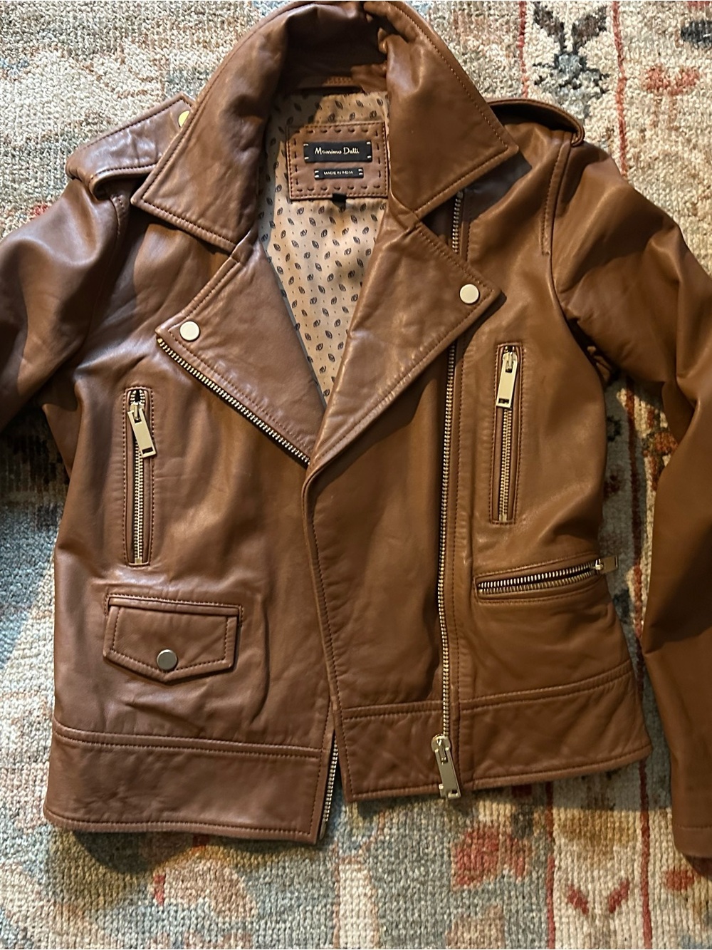 Massimo Dutti Cognac Leather Moto Jacket